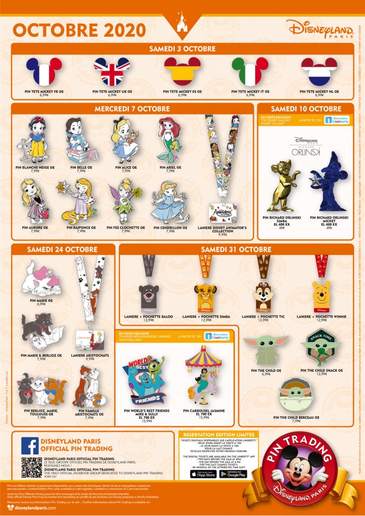 A picture of the October 2020 Disneyland Paris pin trading flyer.